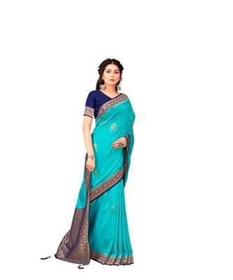 Sky Blue Woven Banarasi Silk Saree Blouce Piece 2