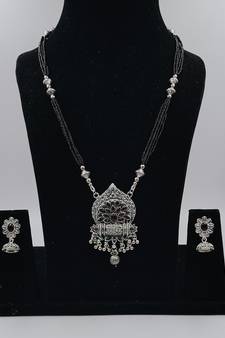 Ethnic Traditional Oxidised Design Long Mangalsutra Necklace with Matching Earring for Women 
