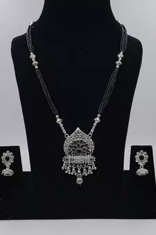 Ethnic Traditional Oxidised Design Long Mangalsutra Necklace with Matching Earring for Women 
