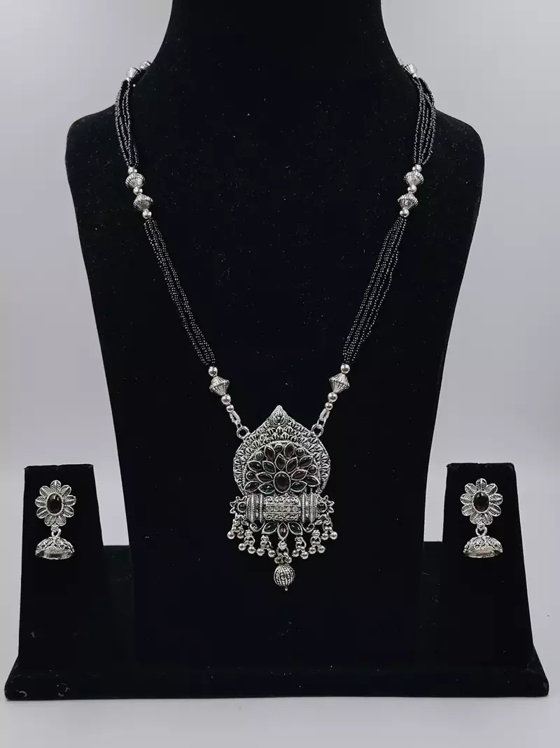 Ethnic Traditional Oxidised Design Long Mangalsutra Necklace with Matching Earring for Women 