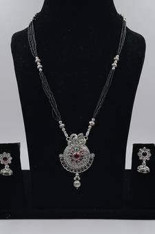 Ethnic Traditional Oxidised Design Long Mangalsutra Necklace with Matching Earring for Women 
