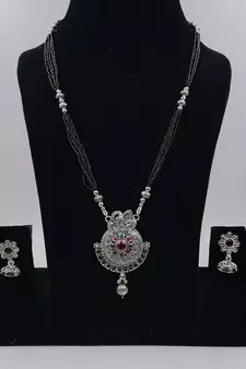 Ethnic Traditional Oxidised Design Long Mangalsutra Necklace with Matching Earring for Women 