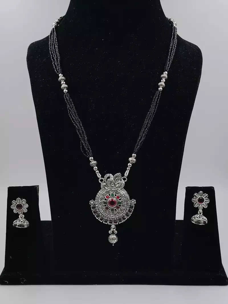 Ethnic Traditional Oxidised Design Long Mangalsutra Necklace with Matching Earring for Women 