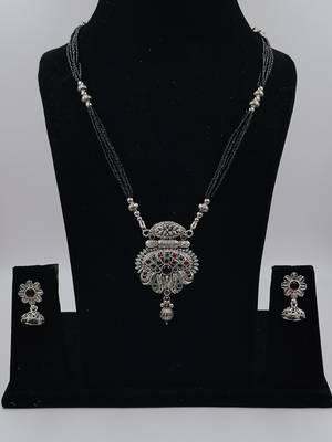 Ethnic Traditional Oxidised Design Long Mangalsutra Necklace with Matching Earring Set for Women  1