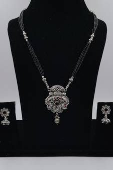 Ethnic Traditional Oxidised Design Long Mangalsutra Necklace with Matching Earring Set for Women 