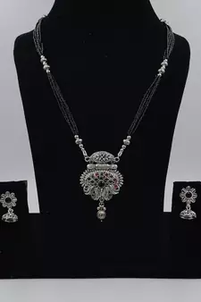 Ethnic Traditional Oxidised Design Long Mangalsutra Necklace with Matching Earring Set for Women 