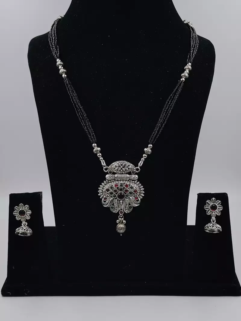 Ethnic Traditional Oxidised Design Long Mangalsutra Necklace with Matching Earring Set for Women 
