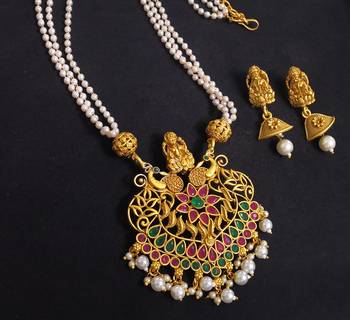 LALSO Royal Matte Gold Multicolor Pearl Mala Pendant Set 1