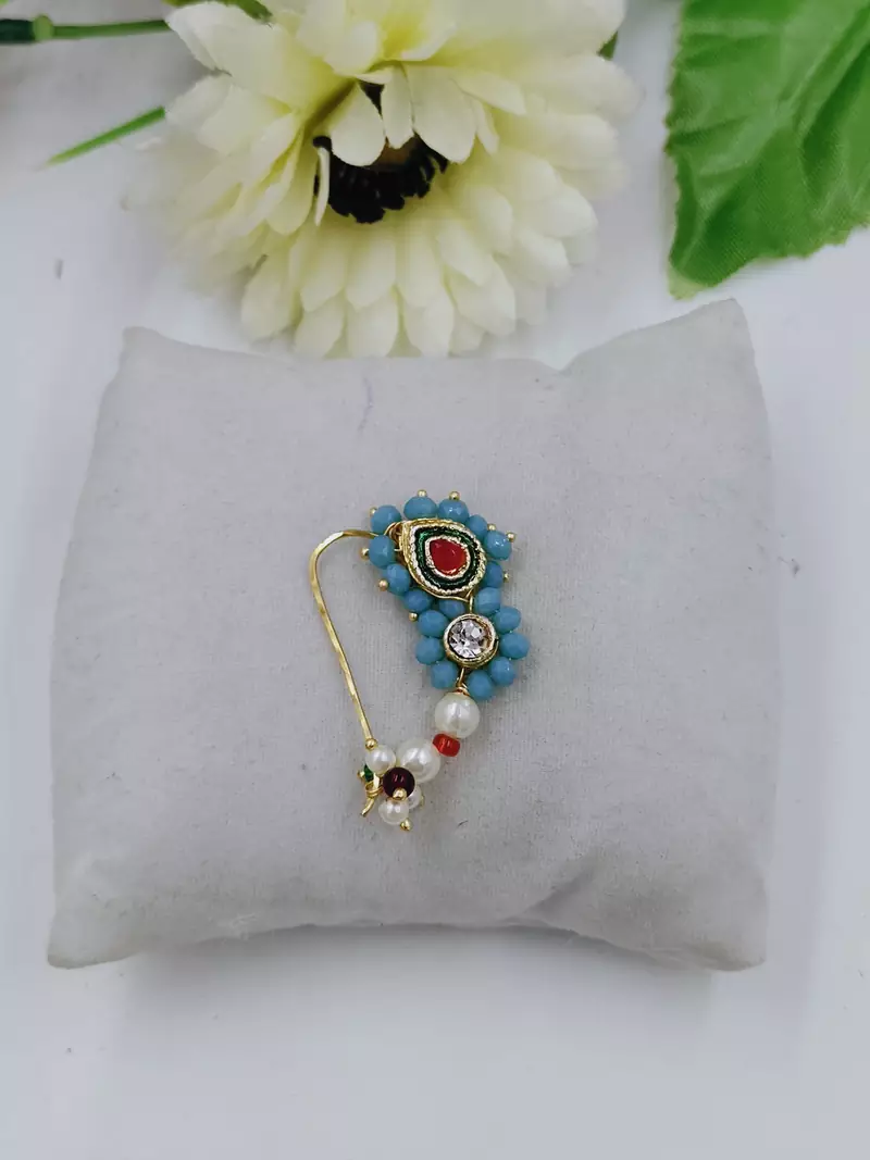 Blue Coloured Maharashtrian Traditional Gold Plated Nath for Women and Girls