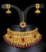 LALSO Shimmering Maroon Bridal Choker Necklace Set 