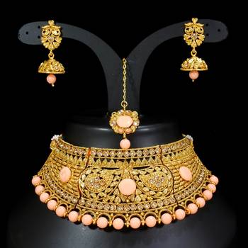 LALSO Shimmering Peach Bridal Choker Necklace Set  1