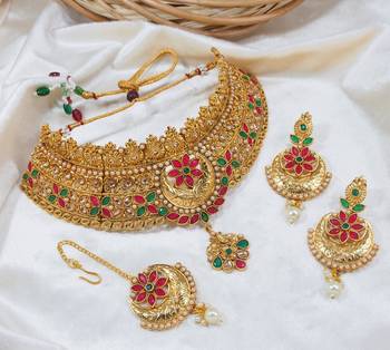 LALSO Royal Premium Gold Plated Bridal Choker Necklace Set 1