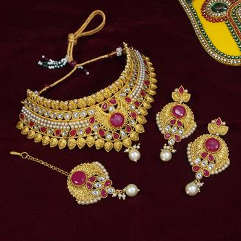 LALSO Designer Matte Finish Ruby Bridal Choker Necklace Set 1