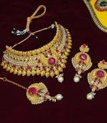 LALSO Designer Matte Finish Ruby Bridal Choker Necklace Set