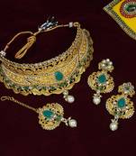 LALSO Designer Matte Finish Green Bridal Choker Necklace Set