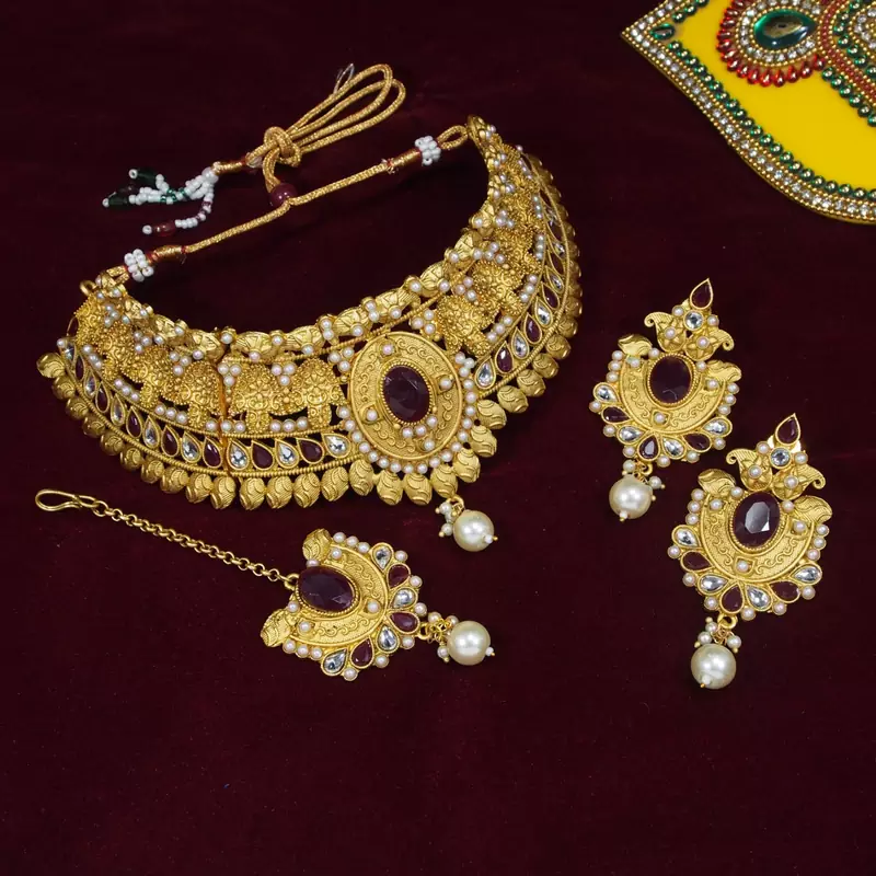 LALSO Designer Matte Finish Maroon Bridal Choker Necklace Set