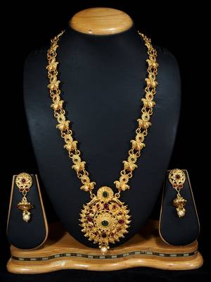 LALSO Allure  Kempu Green Stones Long Necklace Set 1