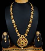LALSO Allure  Kempu Green Stones Long Necklace Set