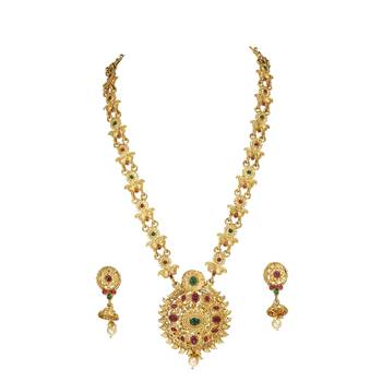 LALSO Allure  Kempu Green Stones Long Necklace Set 2