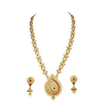 LALSO Allure  Kempu Green Stones Long Necklace Set 2