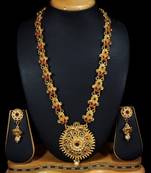 LALSO Allure  Kempu Green Stones Long Necklace Set