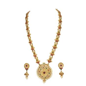 LALSO Allure  Kempu Green Stones Long Necklace Set 2