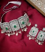 LALSO Shimmering  Oxodize Silver Green Choker Necklace Set