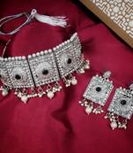 LALSO Shimmering  Oxodize Silver Black Choker Necklace Set