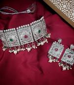 LALSO Shimmering  Oxodize Silver Multicolor Choker Necklace Set