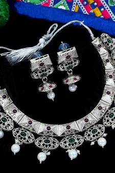 LALSO Unique Oxodised Silver Kempu Work Brass Necklace Set