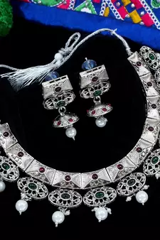LALSO Unique Oxodised Silver Kempu Work Brass Necklace Set