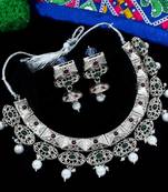 LALSO Unique Oxodised Silver Kempu Work Brass Necklace Set