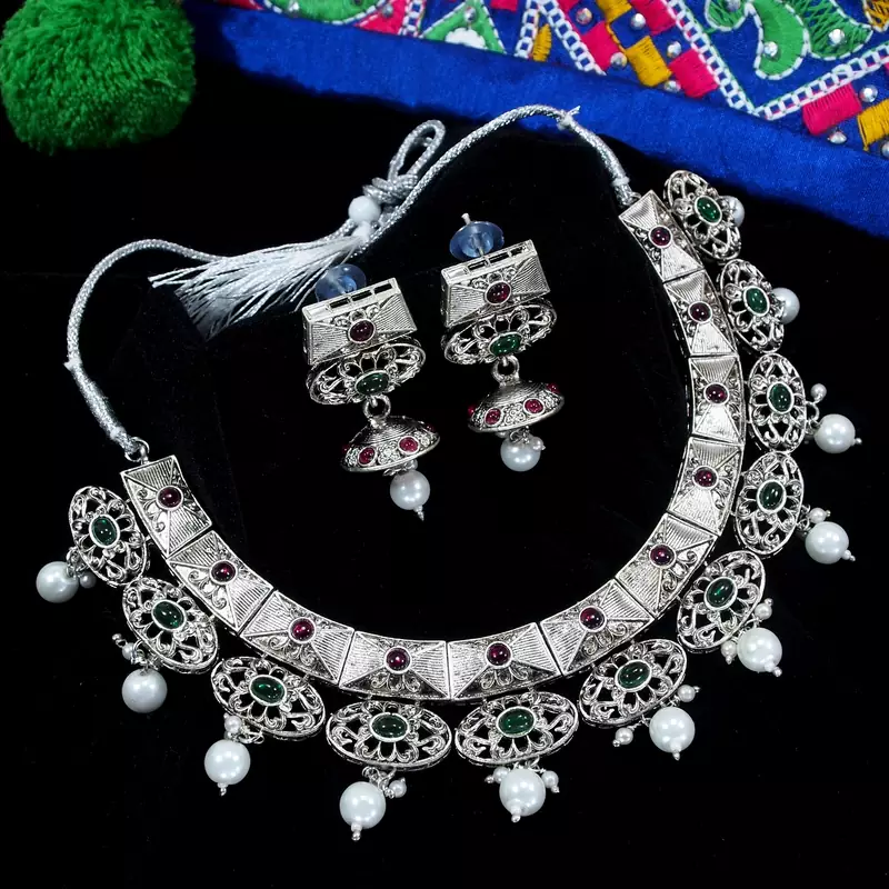 LALSO Unique Oxodised Silver Kempu Work Brass Necklace Set