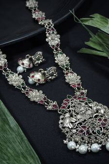 LALSO Feminine Oxodised Silver Laxmi Devi Long Necklace Set