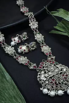 LALSO Feminine Oxodised Silver Laxmi Devi Long Necklace Set