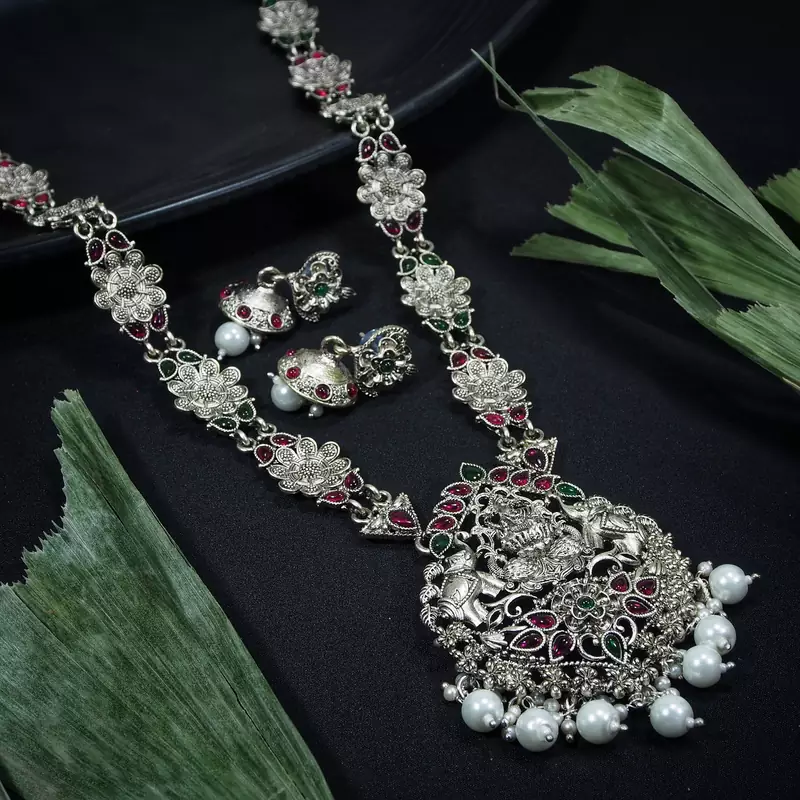 LALSO Feminine Oxodised Silver Laxmi Devi Long Necklace Set