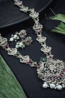 LALSO Feminine Oxodised Silver Laxmi Devi Long Necklace Set