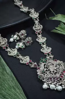 LALSO Feminine Oxodised Silver Laxmi Devi Long Necklace Set