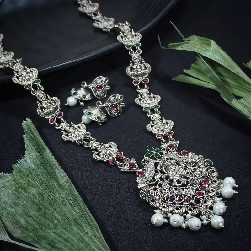 LALSO Feminine Oxodised Silver Laxmi Devi Long Necklace Set