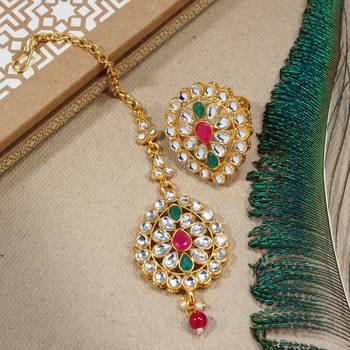LALSO Trendy Multicolor Kundan Maang Tika And Ring Combo Set 1