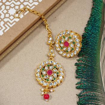 LALSO Trendy Multicolor Kundan Maang Tika And Ring Combo Set 1