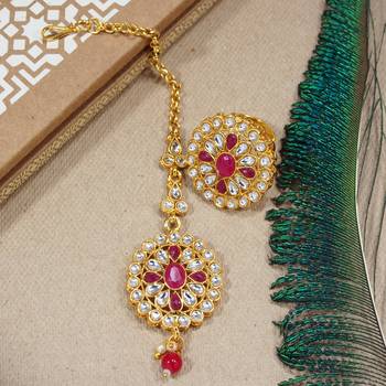 LALSO Trendy Ruby Kundan Maang Tika And Ring Combo Set 1