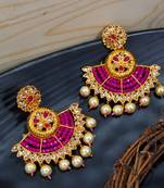 LALSO Elegant Rani Pink Beads Work Chandbali Earrings