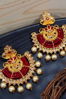 LALSO Elegant Maroon Beads Work Chandbali Earrings