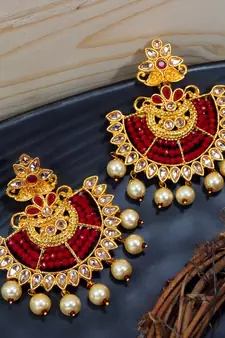LALSO Elegant Maroon Beads Work Chandbali Earrings