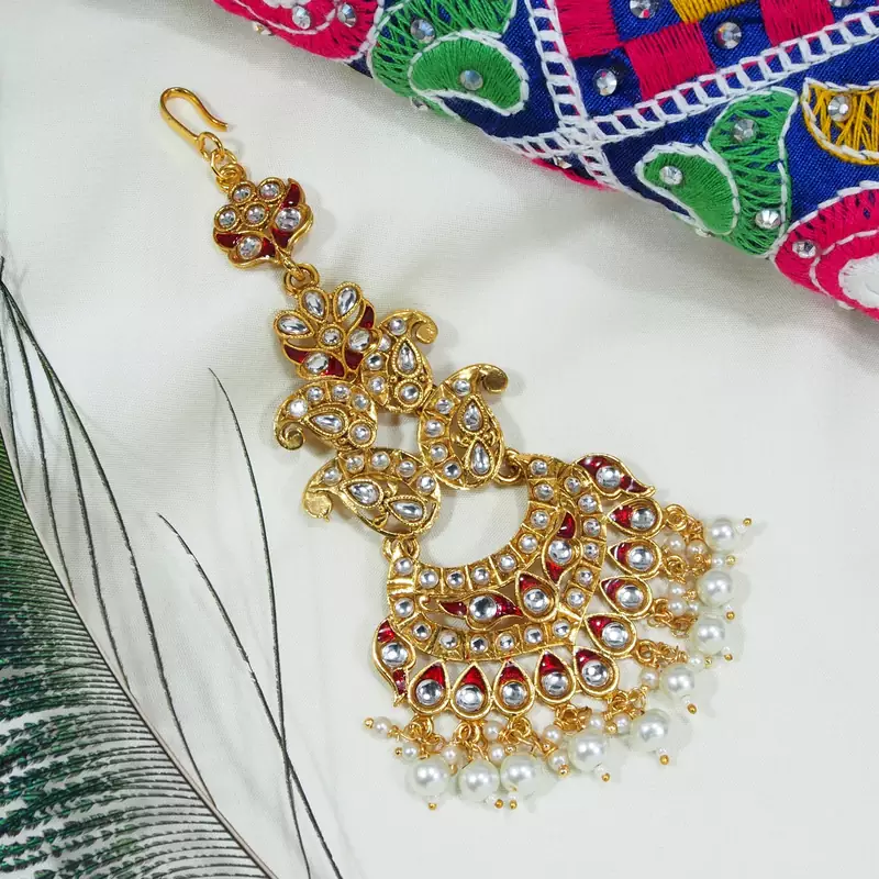 LALSO Princess White Kundan Big Maang Tika Passa