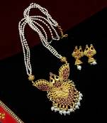 LALSO Royal Matte Gold Ruby Pearl Mala Pendant Set