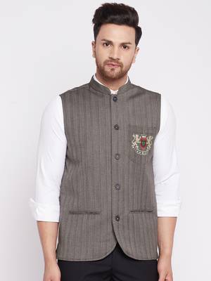 Brown plain woolen blends nehru jacket 1