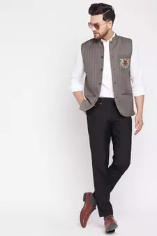 Brown plain woolen blends nehru jacket