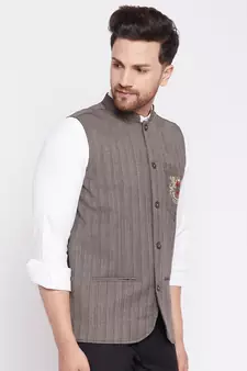 Brown plain woolen blends nehru jacket